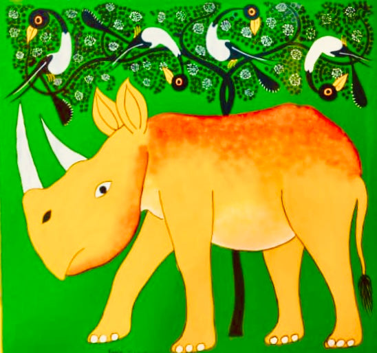 ティンガティンガ|シワ ティンガティンガ|サイ グリーン背景 60×60cm|#2602049|SIWA TINGATINGA|Rhino Green Back Large