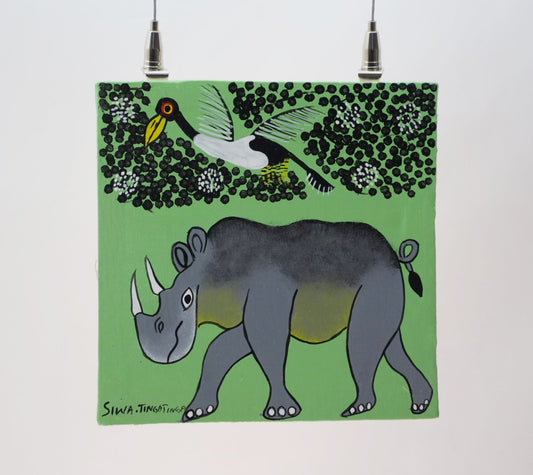 ティンガティンガ|シワ|サイと鳥たち グリーン背景 #2602009 Rhino and Bird – GreenBack