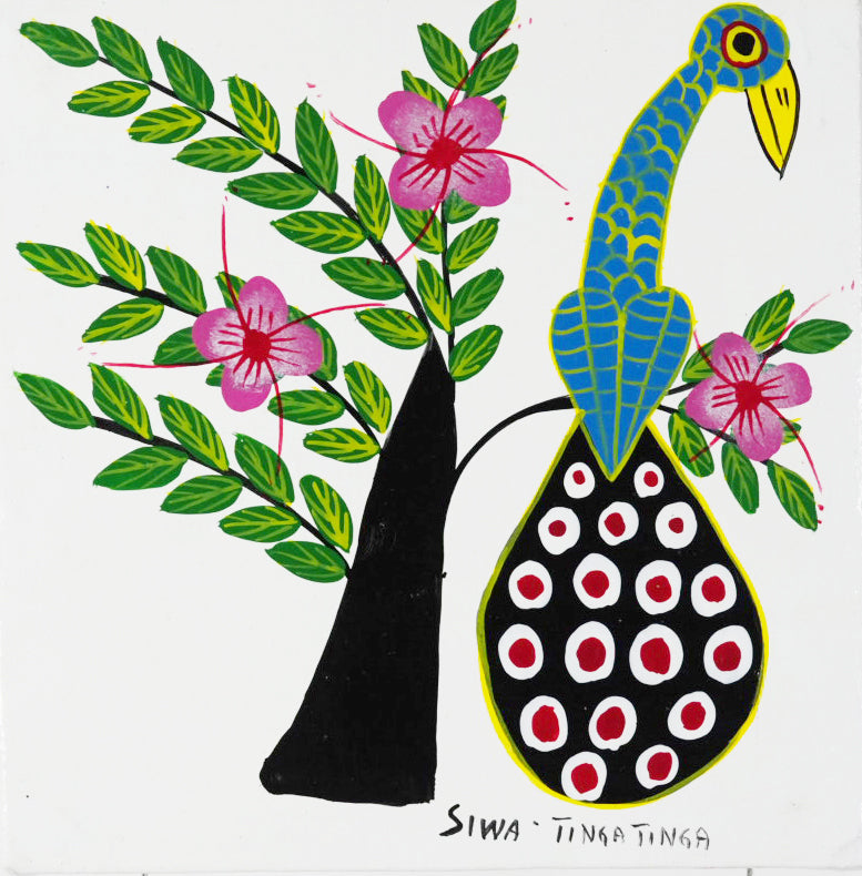 ティンガティンガ｜シワ ティンガティンガ｜木の上の孔雀⑤ホワイト｜#2612005|SIWA TINGATINGA｜ Peacock on a tree White back⑤
