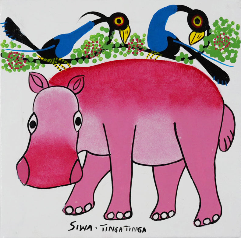 ティンガティンガ｜シワ ティンガティンガ｜カバと鳥 ホワイト④｜#2612024|SIWA TINGATINGA｜ Hippo &Birds White Back④