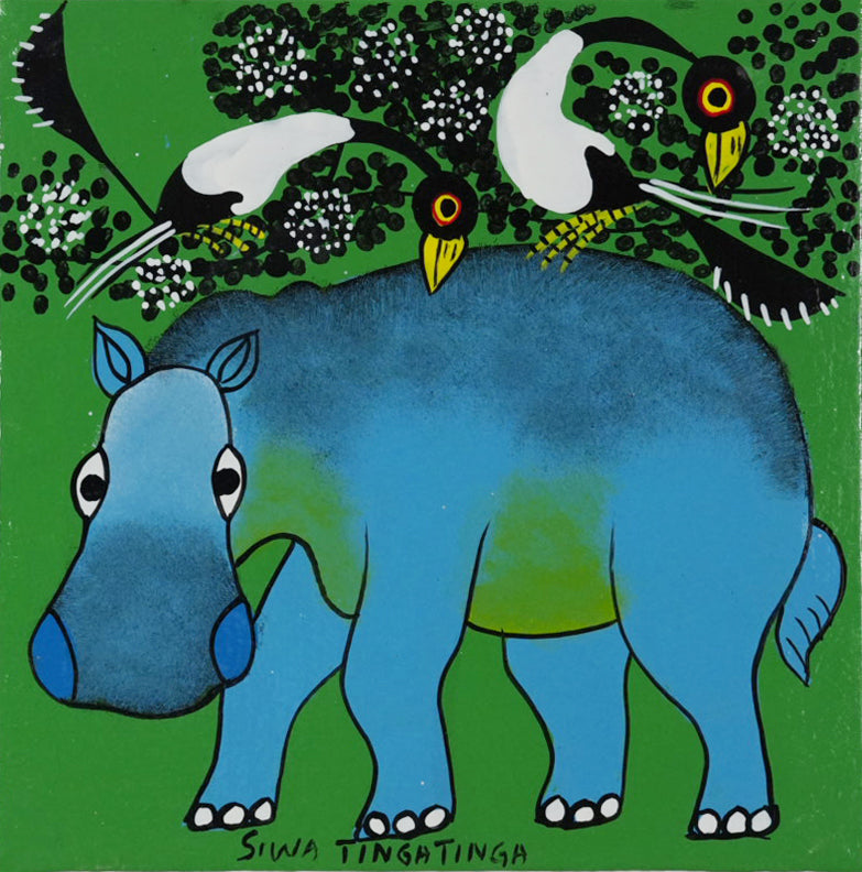 ティンガティンガ｜シワ ティンガティンガ｜カバと鳥 グリーン②｜#2612037|SIWA TINGATINGA｜ Hippo &Birds　Green Back②