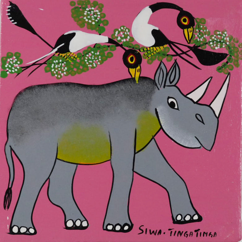 ティンガティンガ｜シワ ティンガティンガ｜サイと鳥①ピンク｜#2612040|SIWA TINGATINGA｜Rhino&Birds Pink back①