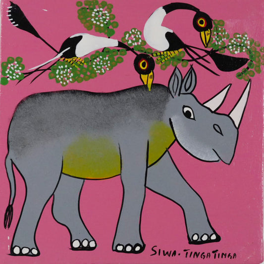 ティンガティンガ｜シワ ティンガティンガ｜サイと鳥①ピンク｜#2612040|SIWA TINGATINGA｜Rhino&Birds Pink back①