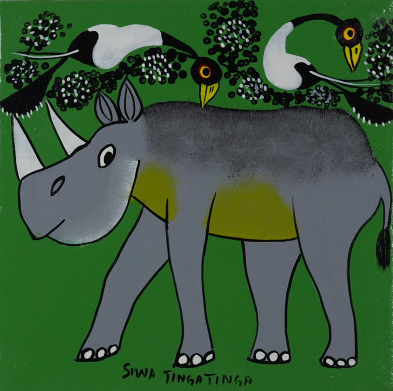 ティンガティンガ｜シワ ティンガティンガ｜サイと鳥①グリーン｜#2612044|SIWA TINGATINGA｜Rhino and bird green back