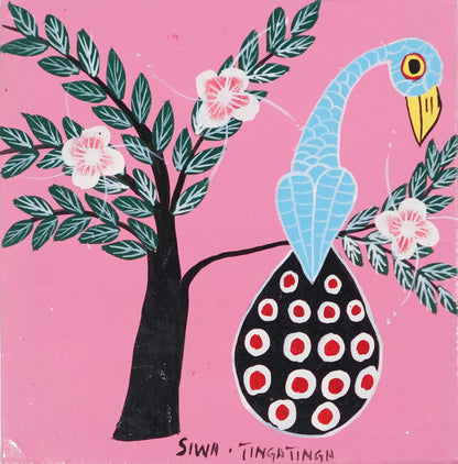 ティンガティンガ｜シワ｜孔雀 ピンク背景　#2602027　Peacock on Tree – Pink Back