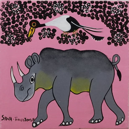 ティンガティンガ｜シワ｜サイと鳥たち ピンク背景　#2602010 Rhino and Bird – PinkBack