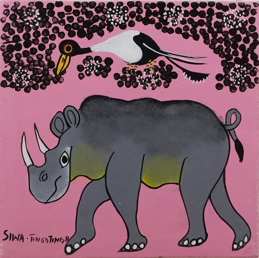 ティンガティンガ｜シワ｜サイと鳥たち ピンク背景　#2602010 Rhino and Bird – PinkBack