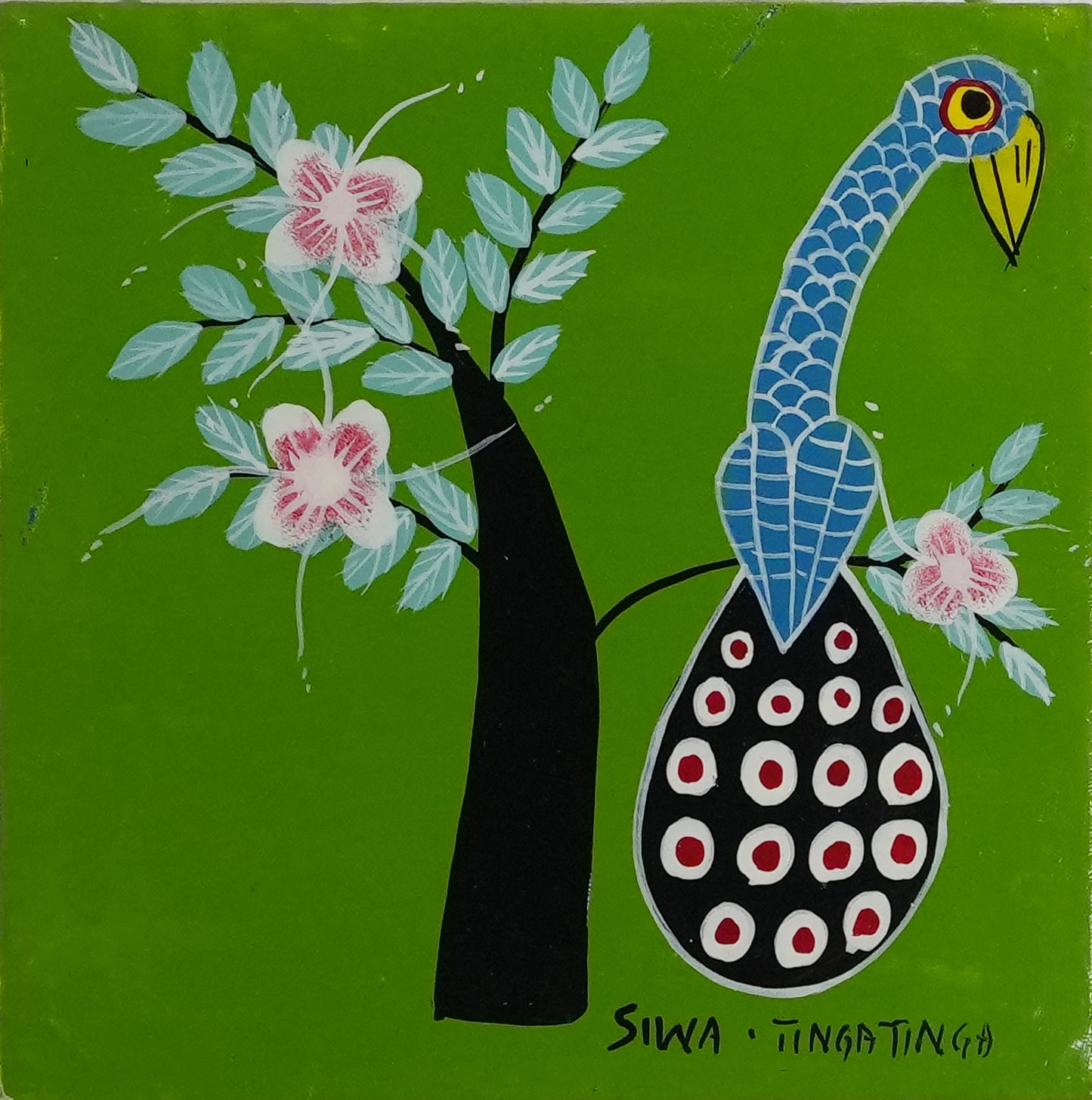 ティンガティンガ｜シワ｜孔雀 フォレストグリーン背景 ＃2602025　Peacock on Tree – ForestGreenBack