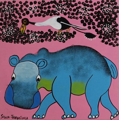 ティンガティンガ｜シワ｜カバと鳥たち ピンク背景　＃2602011　Hippo&Bird – PinkBack