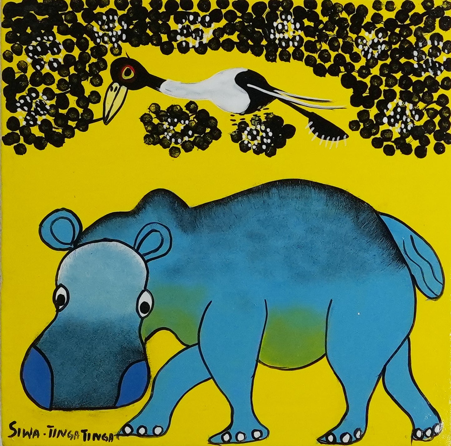ティンガティンガ｜シワ｜カバと鳥たち イエロー背景　＃2602014 Hippopotamus and Bird – Yellow Back