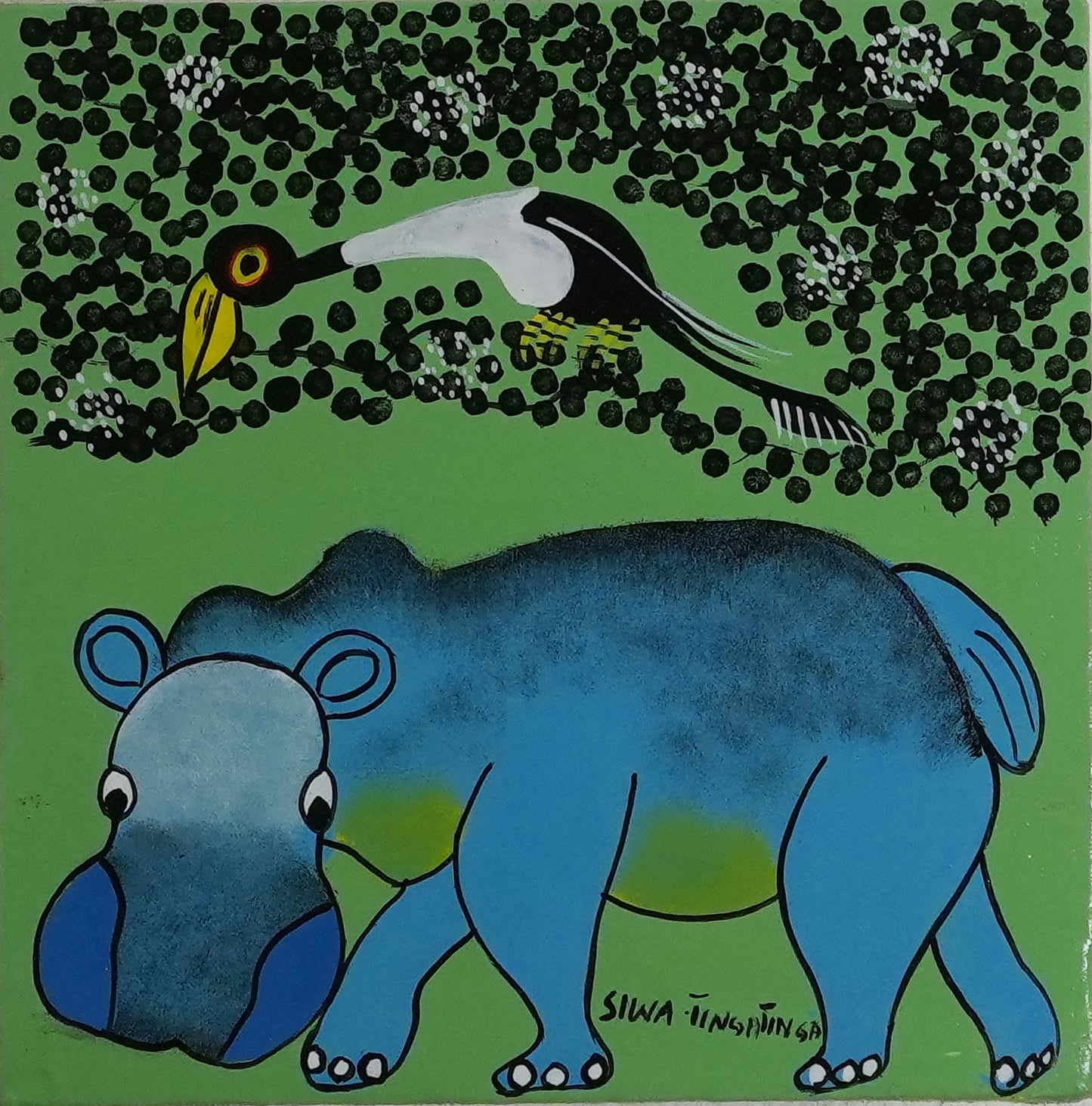 ティンガティンガ｜シワ｜カバと鳥たち グリーン背景　＃2602013  Hippo＆Bird – GreenBack