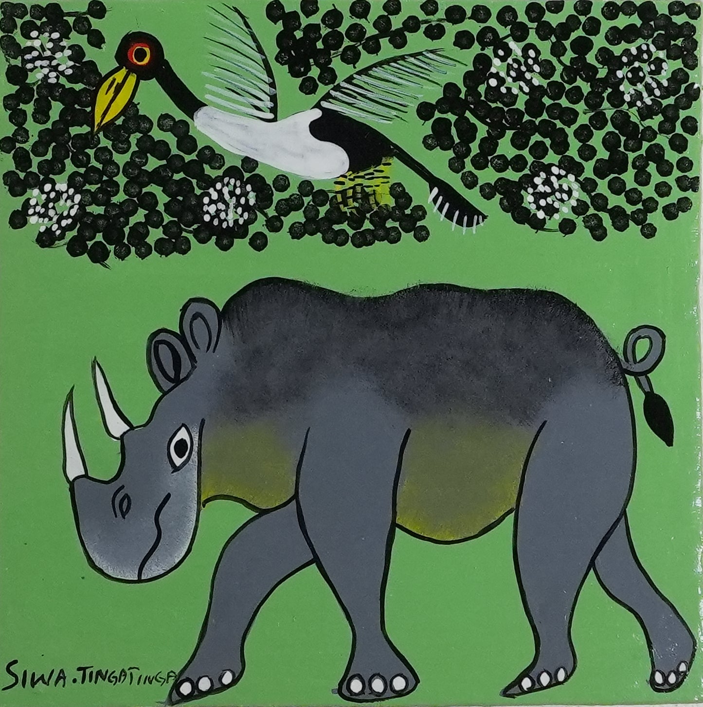 ティンガティンガ｜シワ｜サイと鳥たち グリーン背景 #2602009 Rhino and Bird – GreenBack