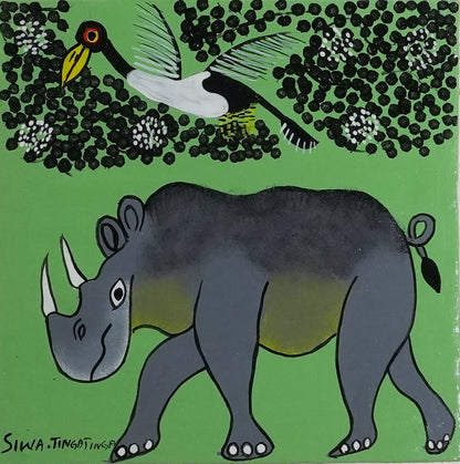 ティンガティンガ｜シワ｜サイと鳥たち グリーン背景 #2602009 Rhino and Bird – GreenBack