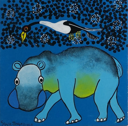 ティンガティンガ｜シワ｜カバと鳥たち ピンク背景　#2602012 Hippo&Bird – BlueBack