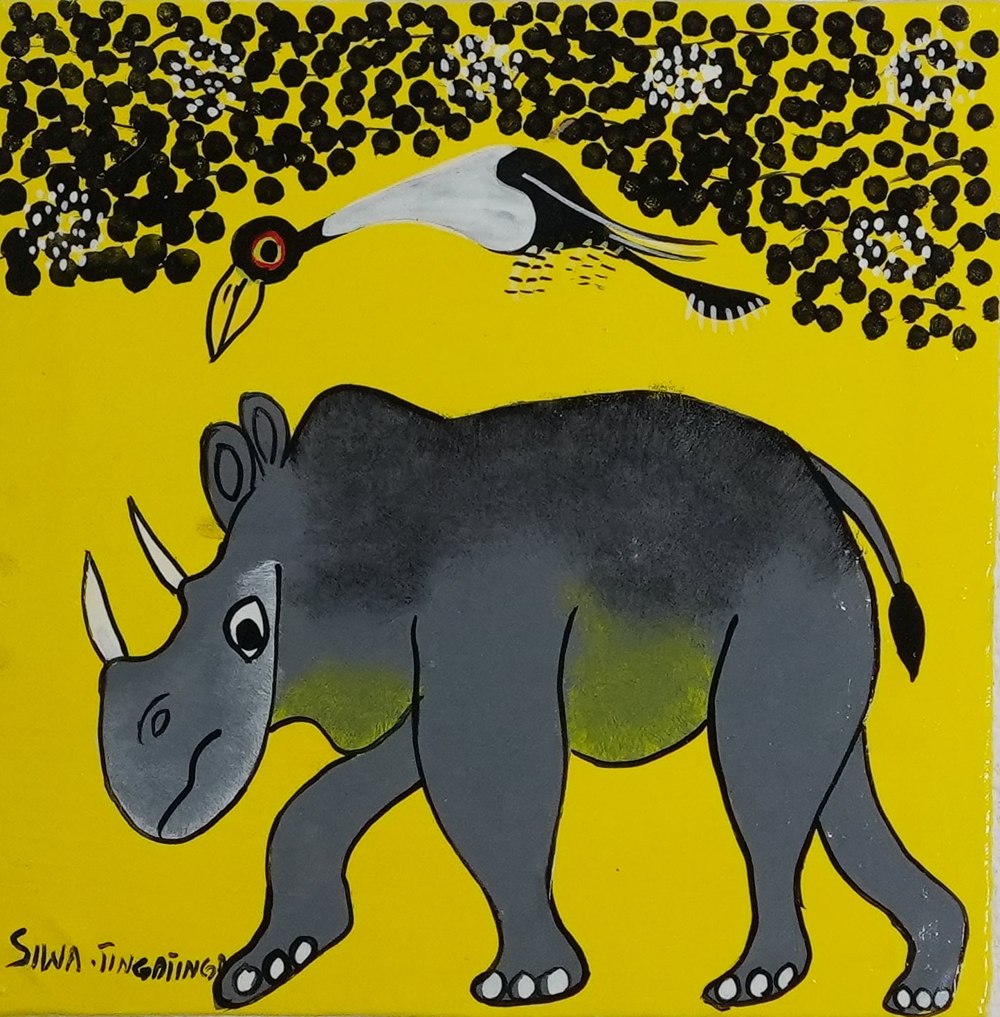 ティンガティンガ｜シワ｜サイと鳥 イエロー背景 #2602007　Rhino&Bird – YellowBack