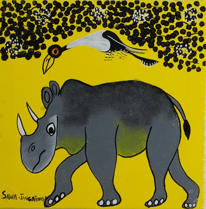 ティンガティンガ｜シワ｜サイと鳥 イエロー背景 #2602007　Rhino&Bird – YellowBack