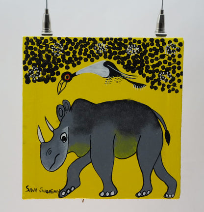 ティンガティンガ｜シワ｜サイと鳥 イエロー背景 #2602007　Rhino&Bird – YellowBack