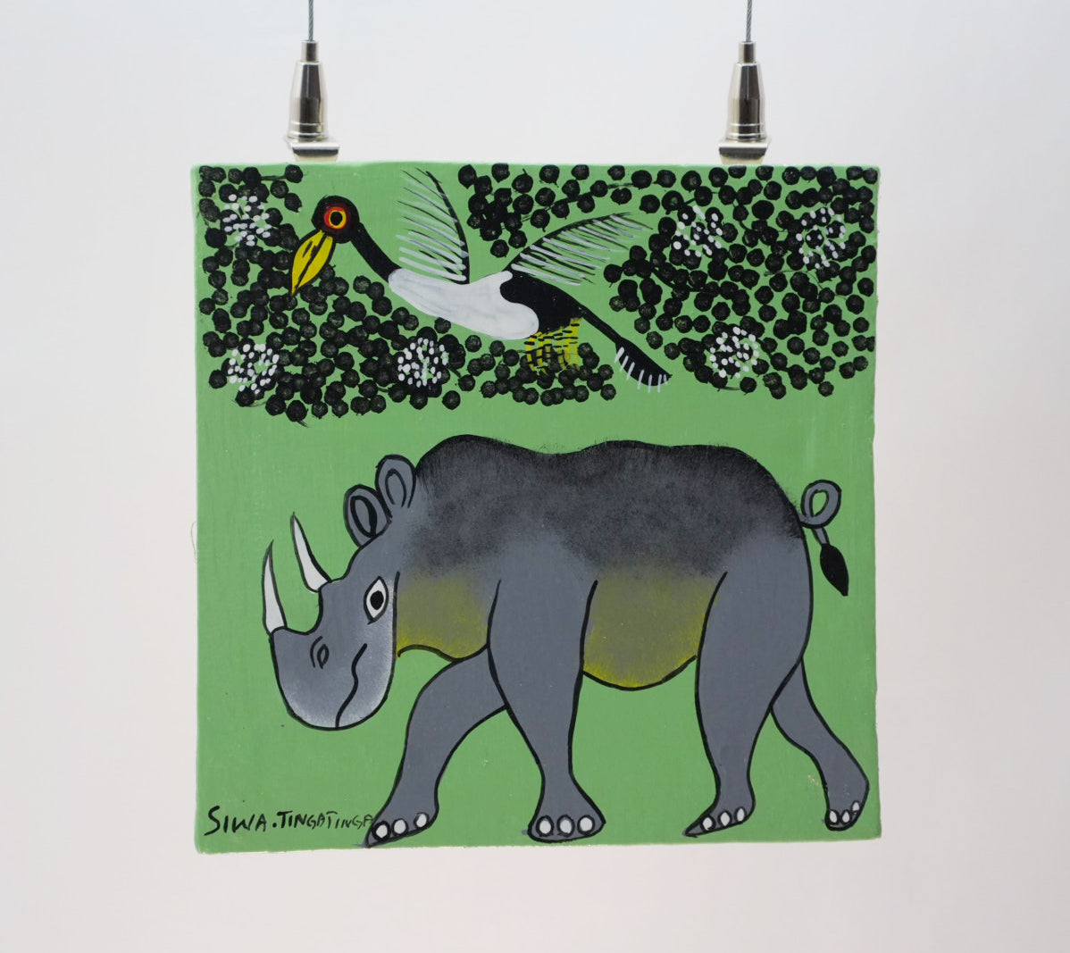 ティンガティンガ｜シワ｜サイと鳥たち グリーン背景 #2602009 Rhino and Bird – GreenBack