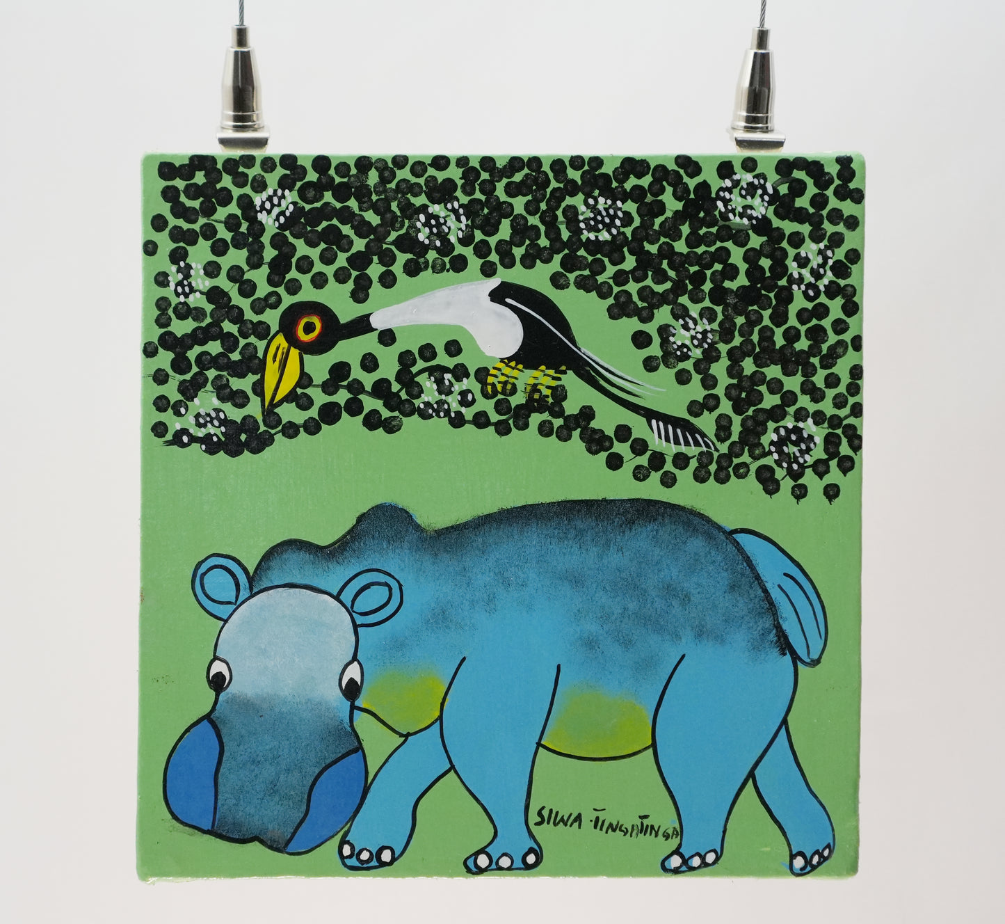 ティンガティンガ｜シワ｜カバと鳥たち グリーン背景　＃2602013  Hippo＆Bird – GreenBack